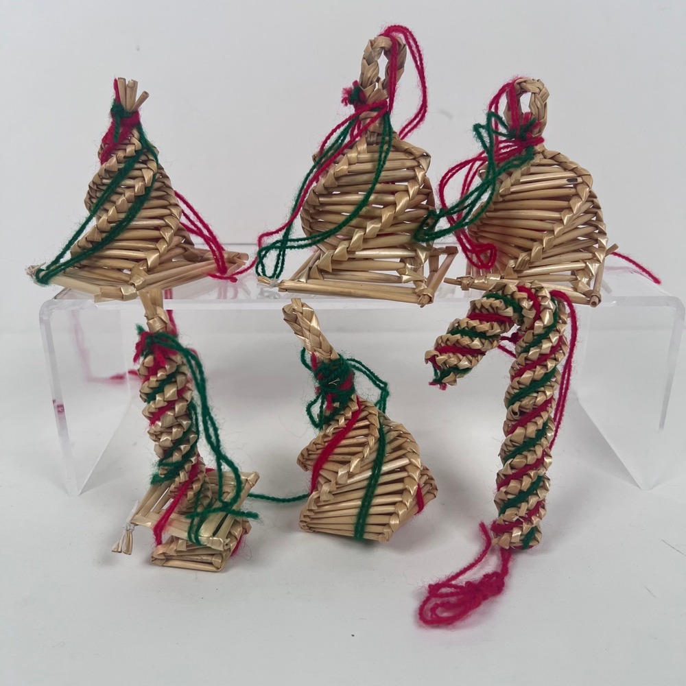 Set of 6 Handcrafted‎ Straw Ornaments Christmas Tree Candy Cane Bell